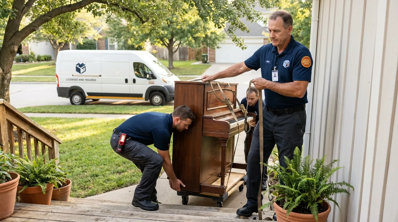 Licensed piano movers securing grand piano in Marshall, VA
