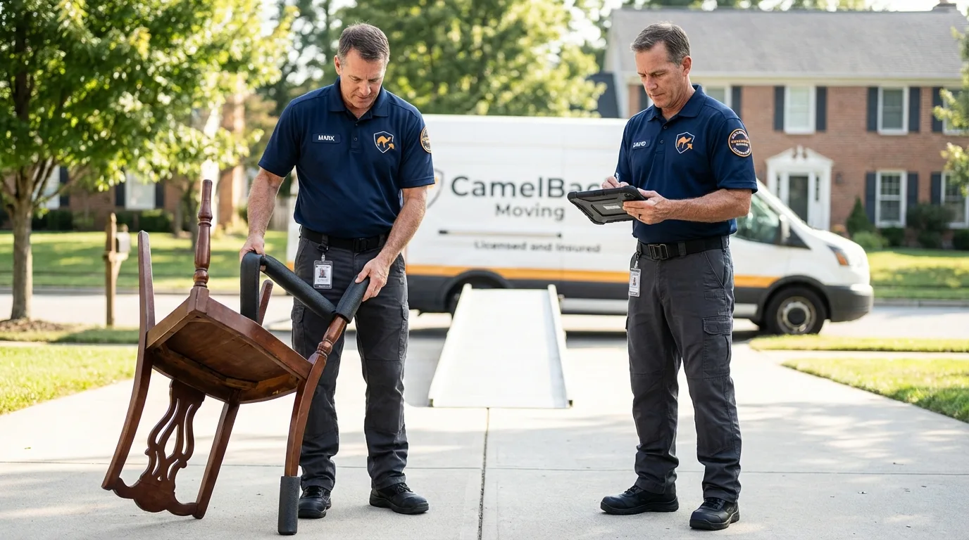 Movers inspecting furniture for damage prevention before loading in Marshall, VA
