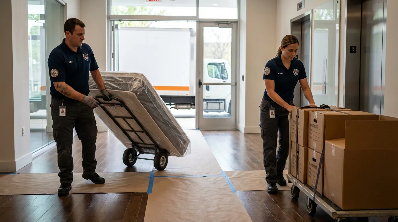 Professional apartment movers loading elevator in Marshall, VA